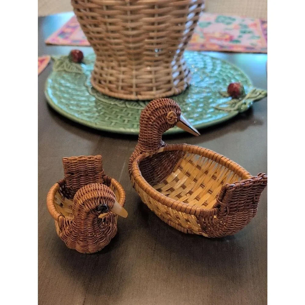 Vintage Handwoven Brown Wicker Duck Baskets Set of 2